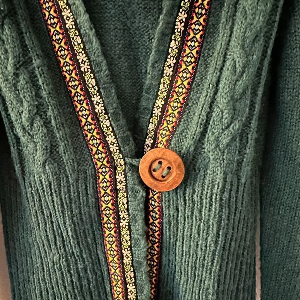 Nina Green Hooded‎ Ribbon Single Button Boho Vintage Wool Blend Cardigan Size S